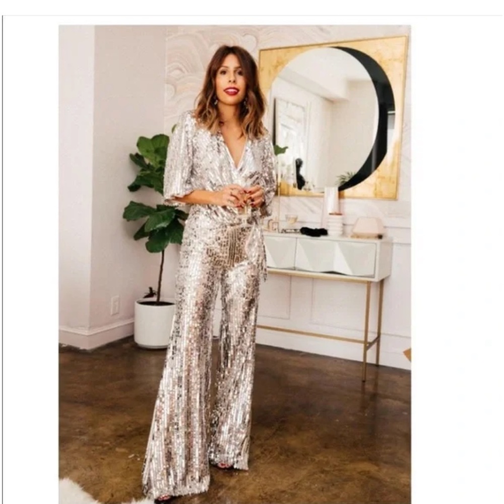 BLOGGERS FAVORITE NWT Zara Mesh Shimmering Gold Wide Leg Pants - Picture 3 of 7